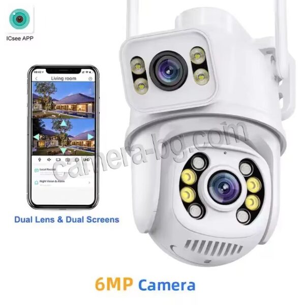 Двойна Безжична Камера за Наблюдение ICSEE, SuperHD 6MP, WiFi Камера, LAN Камера, PTZ контрол, Запис на SD Карта, Двупосочно Аудио, Засичане на Движение, Цветен Нощен Режим, Външен Монтаж - дистанционно управление